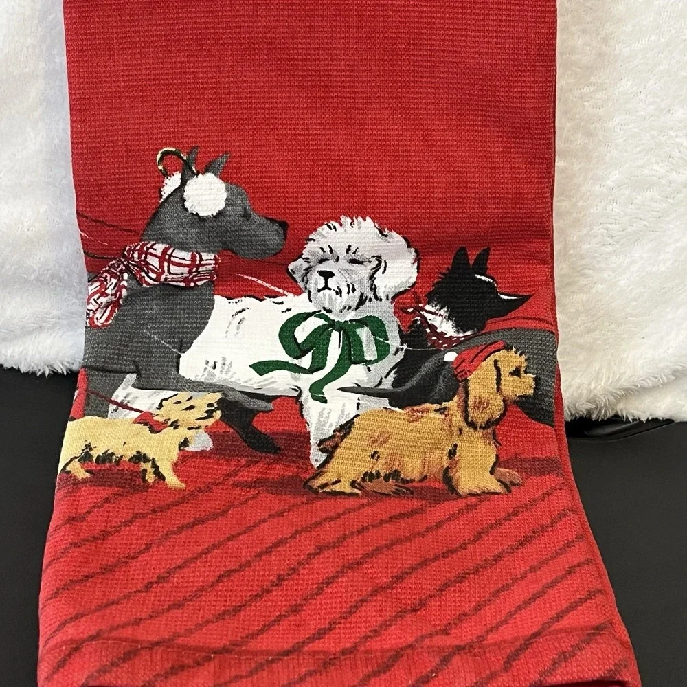 Christmas Kitchen Hand Towels Tea Towel Dog Red Assorted Dogs New w/ Flaw Lot 2
